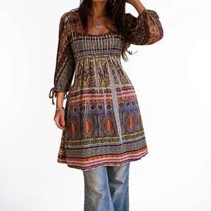 Volume One Boho Paisley Print Empire Waist Tunic Dress Size Small